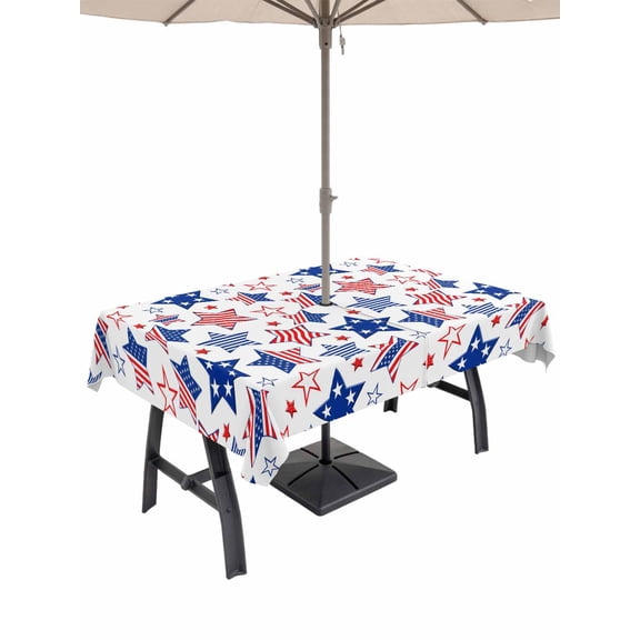 Outdoor Tablecloth with Umbrella Hole for Patio/Picnic/Party/Camping, Independence Day Waterproof Table Cloth Rectangle Table Cover Washable, Red Blue Stars 250 Years Anniversary (60"x 102")