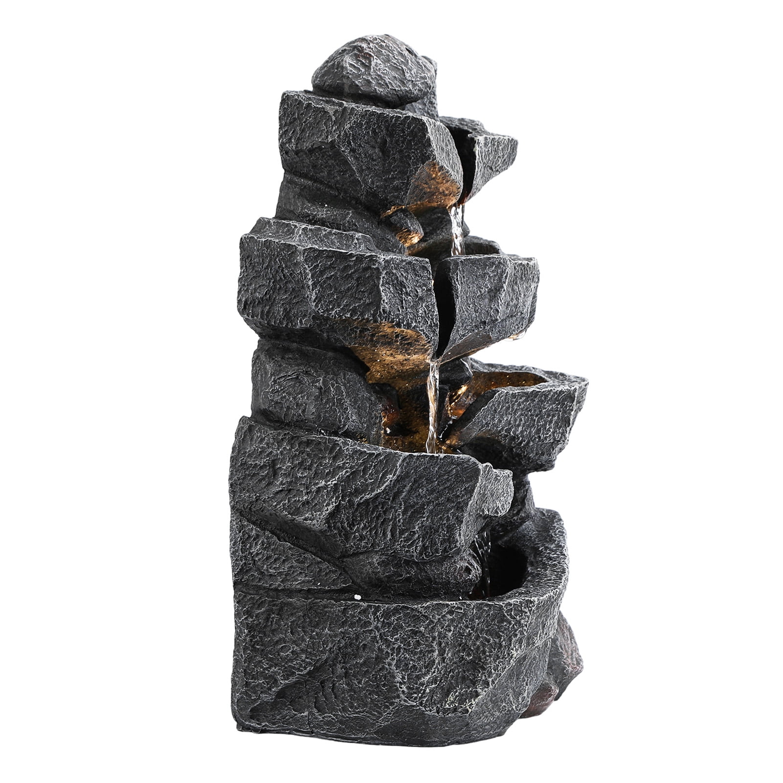 DJZ 5-Tiers Cascading Rock Water Fountain Outdoor Water Fountain Outside Patio Water Features Fountain with LED Light and Pump,Garden Waterfall Decor