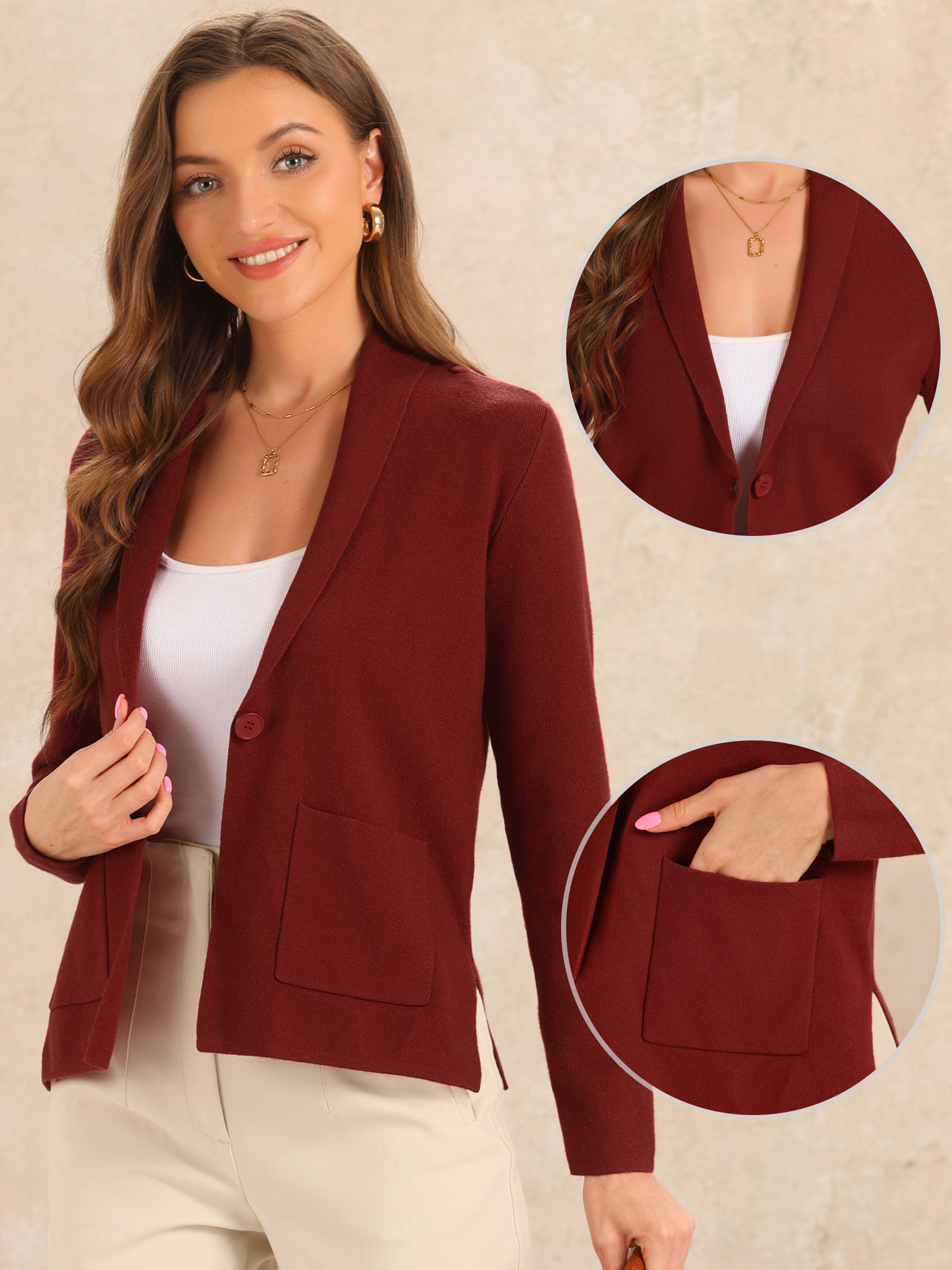 DARING DIVA Women's Long Sleeve Button Open Front Knit Cardigans with Pockets S Red