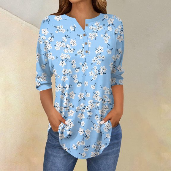 Blue Young Adult Tops 3/4 Length Sleeve Womens Tops 2025 Spring Neck Casual Print Tunic T Shirts Three Quarter Length Womens Tops Plus Size Tops for Women