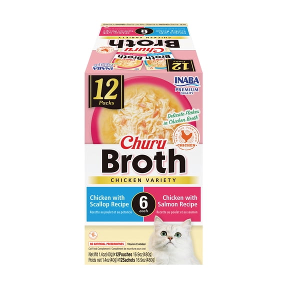 Inaba Churu Broth Lickable Wet Cat Topper, 1.76 oz Pouch, 12 Pouches, Chicken Variety