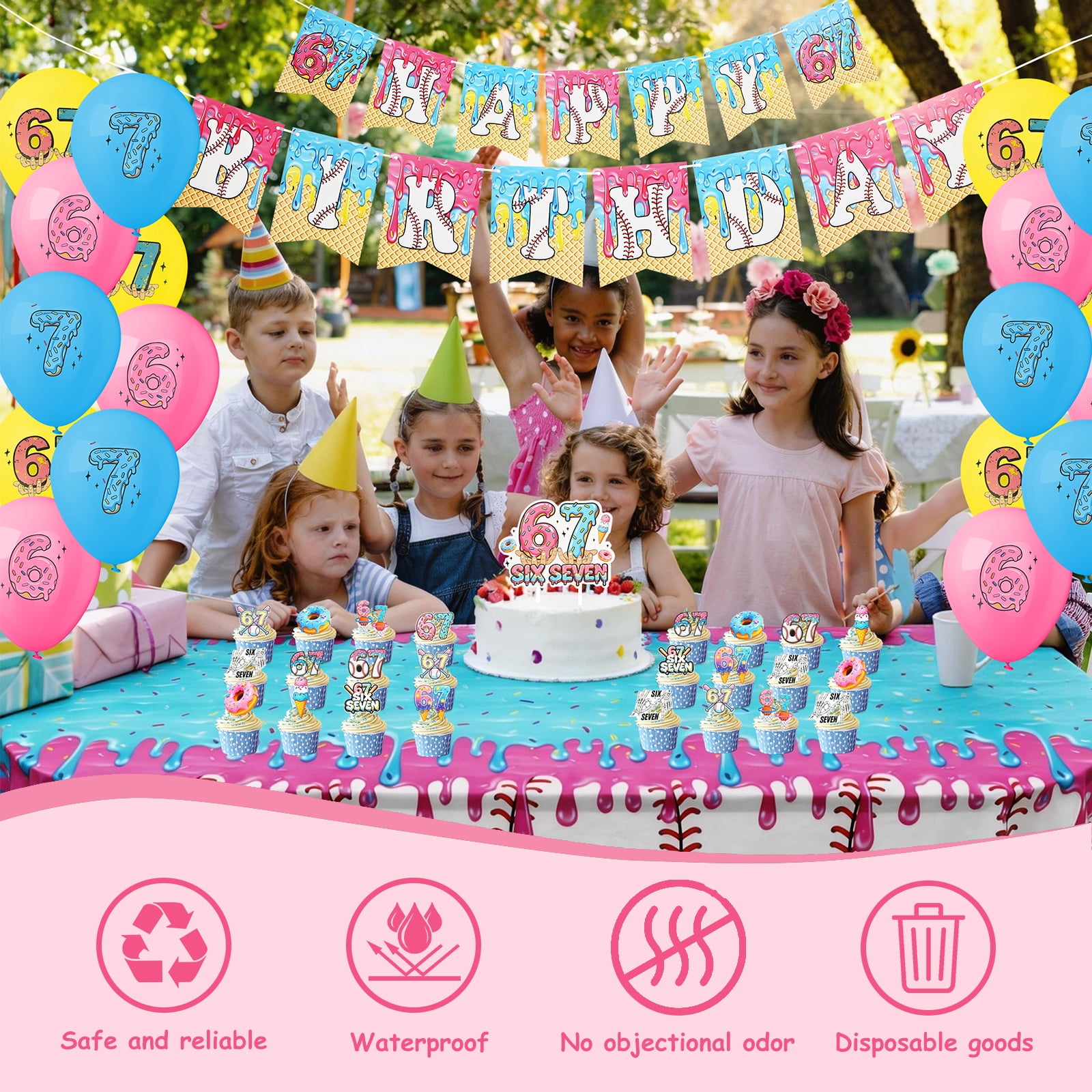 6 7 Birthday Party Decoration Set Reusable 6 7 Happy Birthday Decor Supplies with Balloon Banner Tablecloth Cake Topper for Themed Gathering