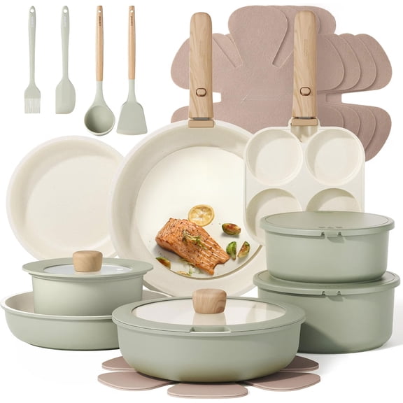 25‑Piece Non‑Stick Pots and Pans Set, Detachable Handle Cookware Set, Induction Compatible, Oven & Dishwasher Safe, Space‑Saving Green Kitchen Cooking Set