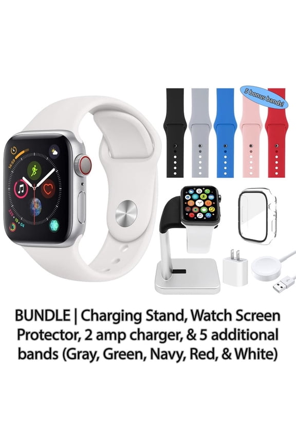 Restored Apple Watch Series 4 (GPS, 44 mm) Silver Aluminum Case with Silver Sport Band Bundle 5 Bonus Bands, Charging Stand, Screen Protector, & 2 amp charger (Refurbished)