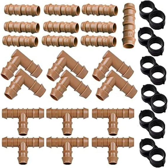 28pcs Drip Irrigation Fittings Kit 17mm for 1/2" Tubing 600" ID, 10 Couplings, 6 Tees, 6 Elbows and 6 Tubing End Closure - Barded Connectors for Drip or Sprinkler Systems