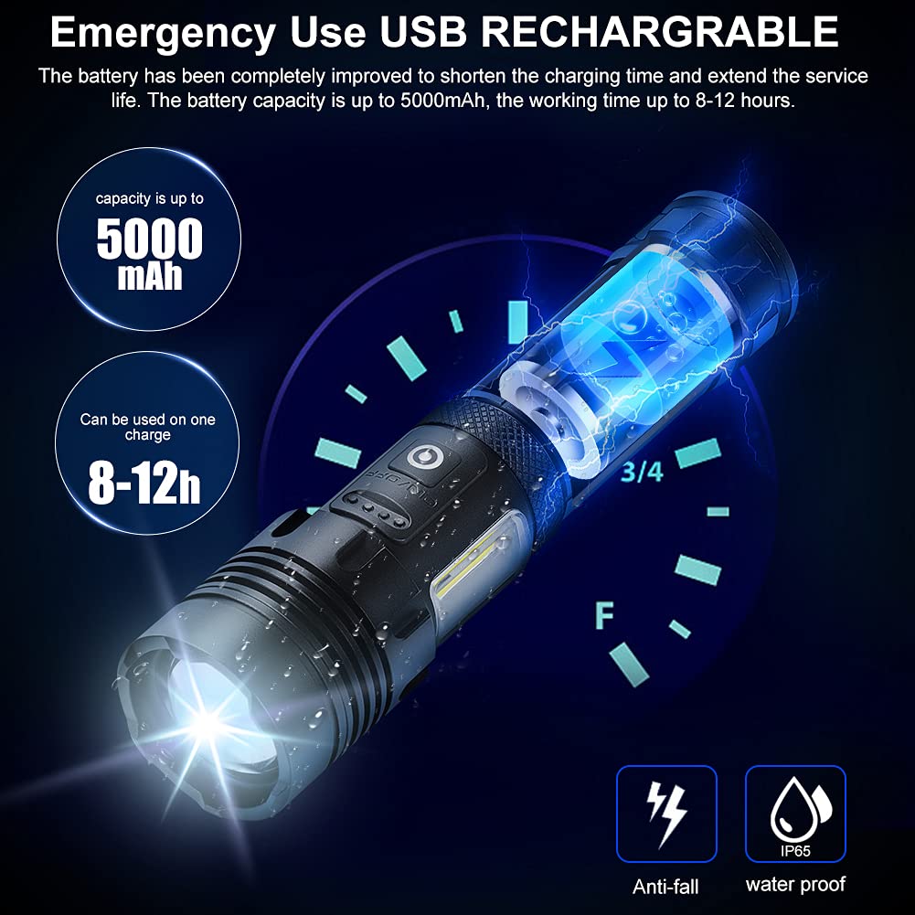 Rechargeable LED Flashlight High Lumens, 100000 Lumen XHP70 Bright Tactical  Flashlight with 5000mAh Battery, Zoomable, IPX6 Waterproof, Modes,  Powerful Handheld Flashlight for Camping Emergencies