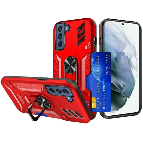 Tough Ring Holder Case with Card Slot for Samsung Galaxy S22 5G - Red