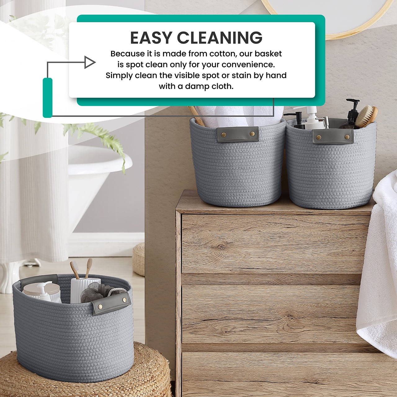 3 Pack Woven Cotton Rope Shelf Storage Basket with Leather Handles, Baby Nursery Storage Bin Organizers, Closet Shelf Storage - 15 x 10 x 9