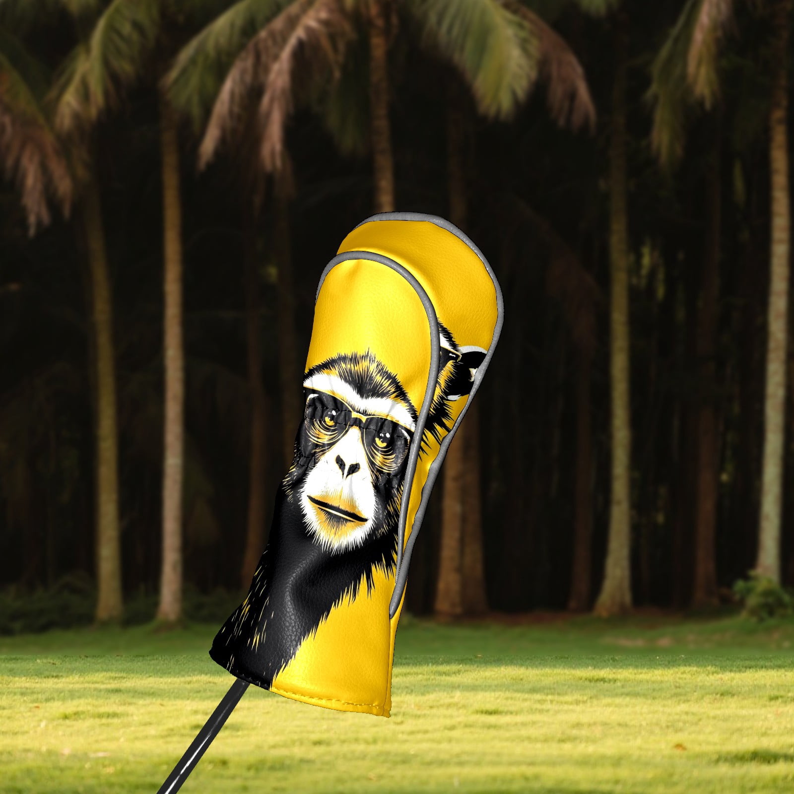 Golf Club Covers, Monkey Yellow Premium PU Leather Driver Hybrid Putter Head Covers with Velvet Lining, Waterproof Golf Gifts for Men Women