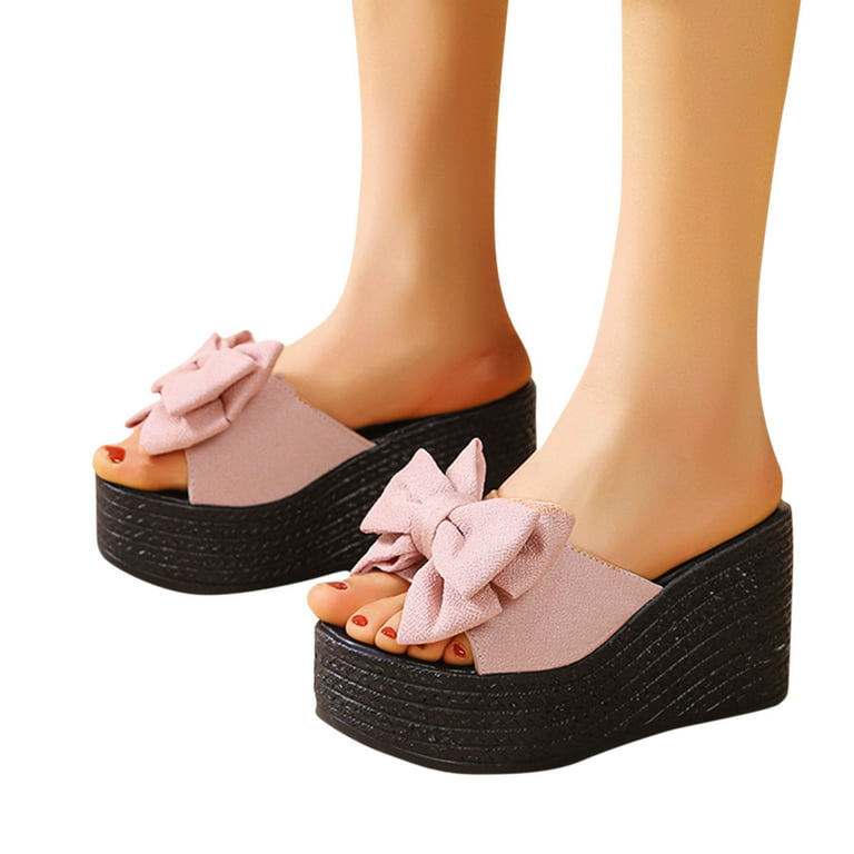 HSMQHJWE Platform Wedge Sandals Women With Bow Slip On Sandals For Women  Dressy Summer Wedge Platform Sandals High Heel Sandals Boho Beach Mules  Sandals HSMQHJWE（Pink,9） 