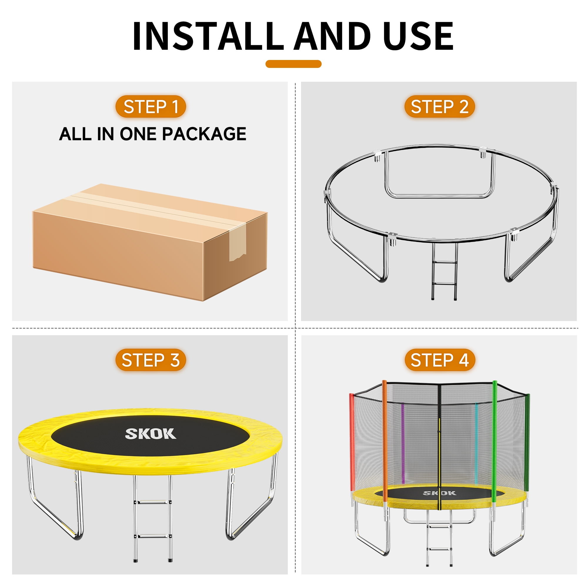SKOK 8FT Backyard Trampoline with Enclosure Net & Ladder, Upright-Poled Outdoor Colorful Trampoline, 400LBS Capacity Waterproof Durable Trampoline for Kids & Adults Family Birthday Gift