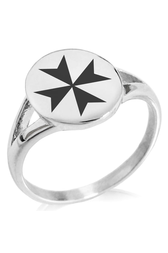 Stainless Steel Maltese Cross Minimalist Oval Top Polished Statement Signet Ring