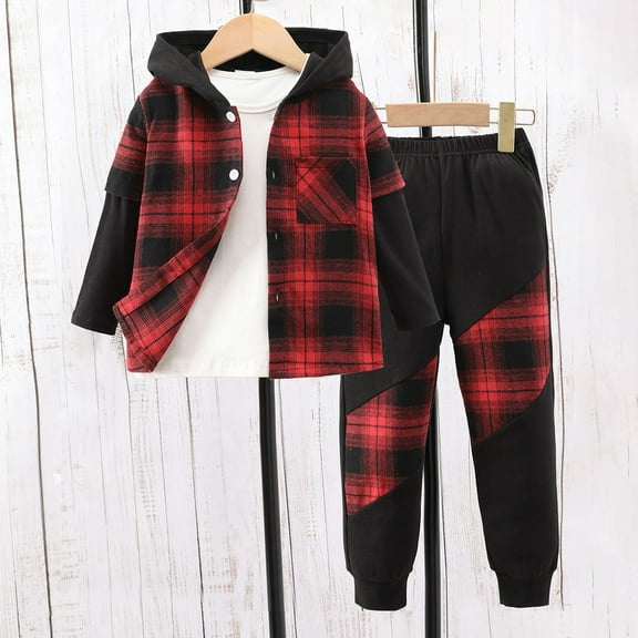 5T Boy Clothes Sets Kids Toddler Boy Clothes Plaid Hooded Shirt White Top and Solid Color Pants 2Pcs Winter Boys Outfits