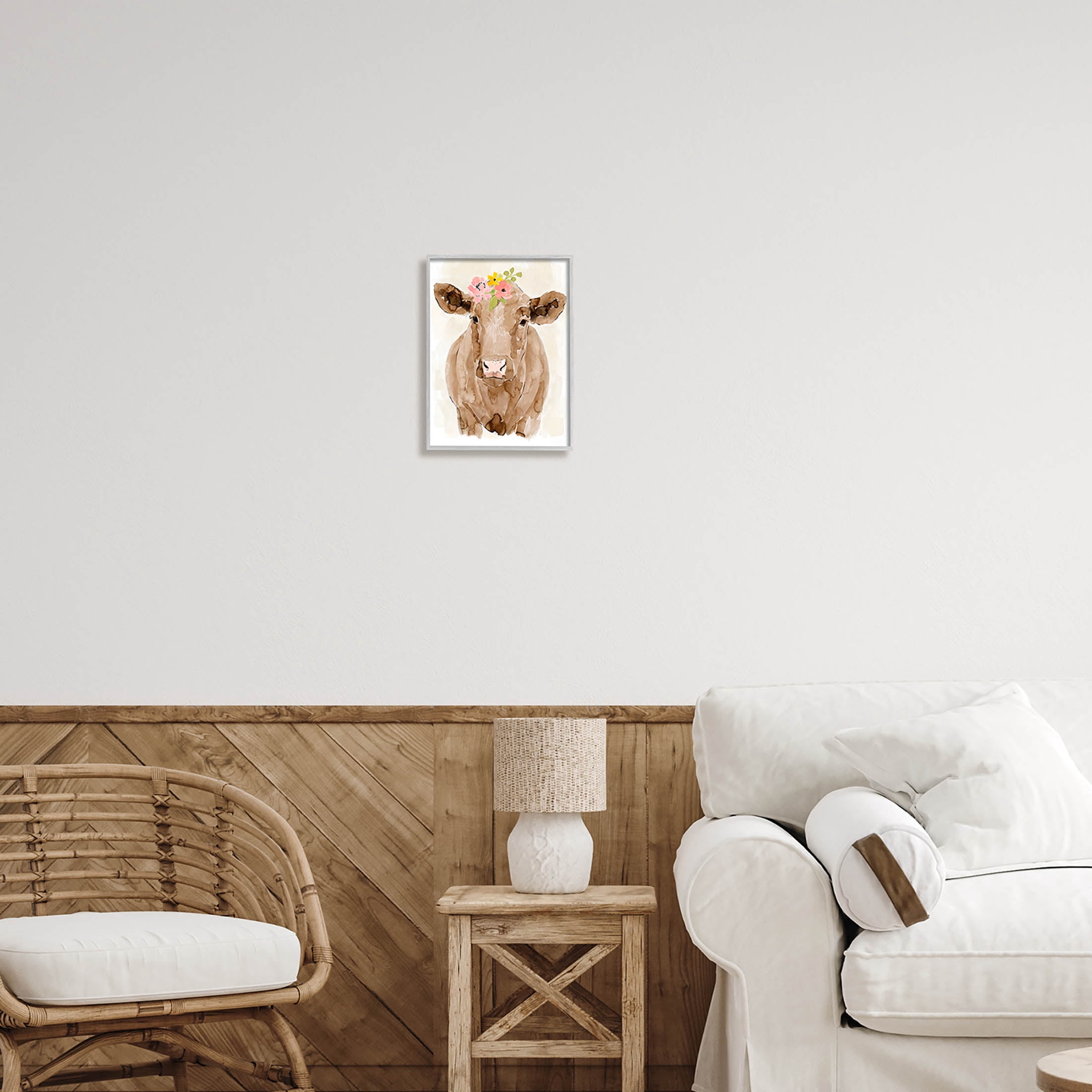 Delicate Blooms Cow Portrait Animals & Insects Graphic Art Gray Framed Art Print Wall Art