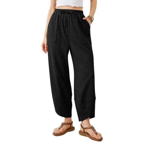 ASDFVBKG Wide Leg Barrel Pants Women Comfy Harem Y2k Capri Trousers Elastic Waisted Casual Drawstring Baggy Pants with Pockets Black S