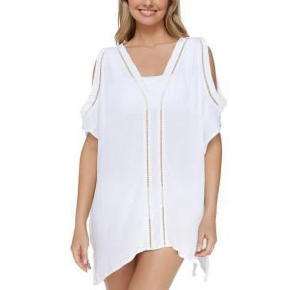 $52 Raisins Juniors' Samba Caftan Cold-Shoulder Cover-Up Swimsuit White Small