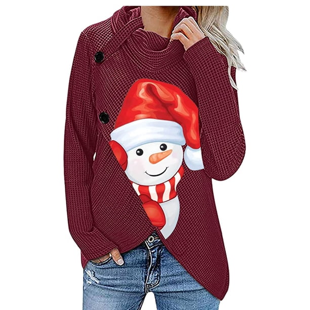 Blusa de manga larga con cuello alto y botones con estampado navideño para mujer Fridja FKASFK834