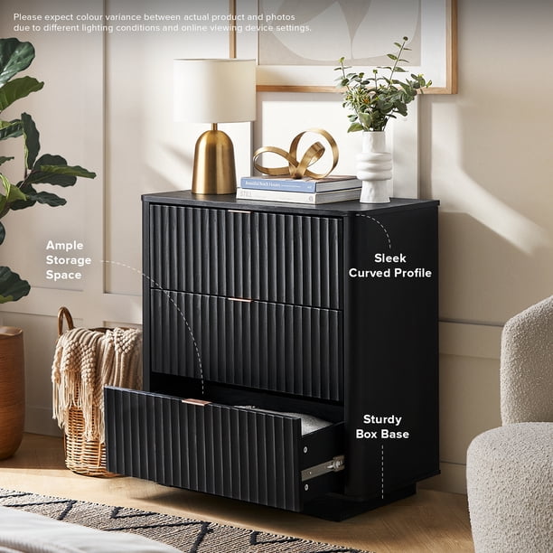 mopio brooklyn mid-century modern dresser Mopio Brooklyn Mid-Century Modern Dresser or Credenza with Waveform Fluted  Panel, 3 Drawers, Anti-Tipping Kit, Black Oak Finish