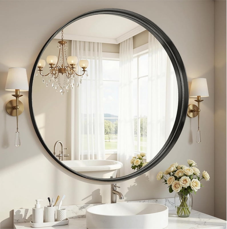 Gleamira 24" Round Bathroom Mirror Wall Mounted Mirror with Deep Frame, Black