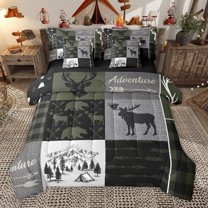 Homewish Happy Camping 7 Pieces Bedding Comforter Set,Jungle Animal Moose Bear Full Bedding Set,Gray Green Black Fitted Sheet Flat Sheet For Boys Teens,Luxury Bedroom Decor Reversible