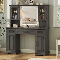 VEANERWOOD Farmhouse Makeup Vanity Table with Mirror and Led Lights, 45"W Vanity Desk with Glass Door & Large Drawer and Storage Cabinet, Adjustable Shelves