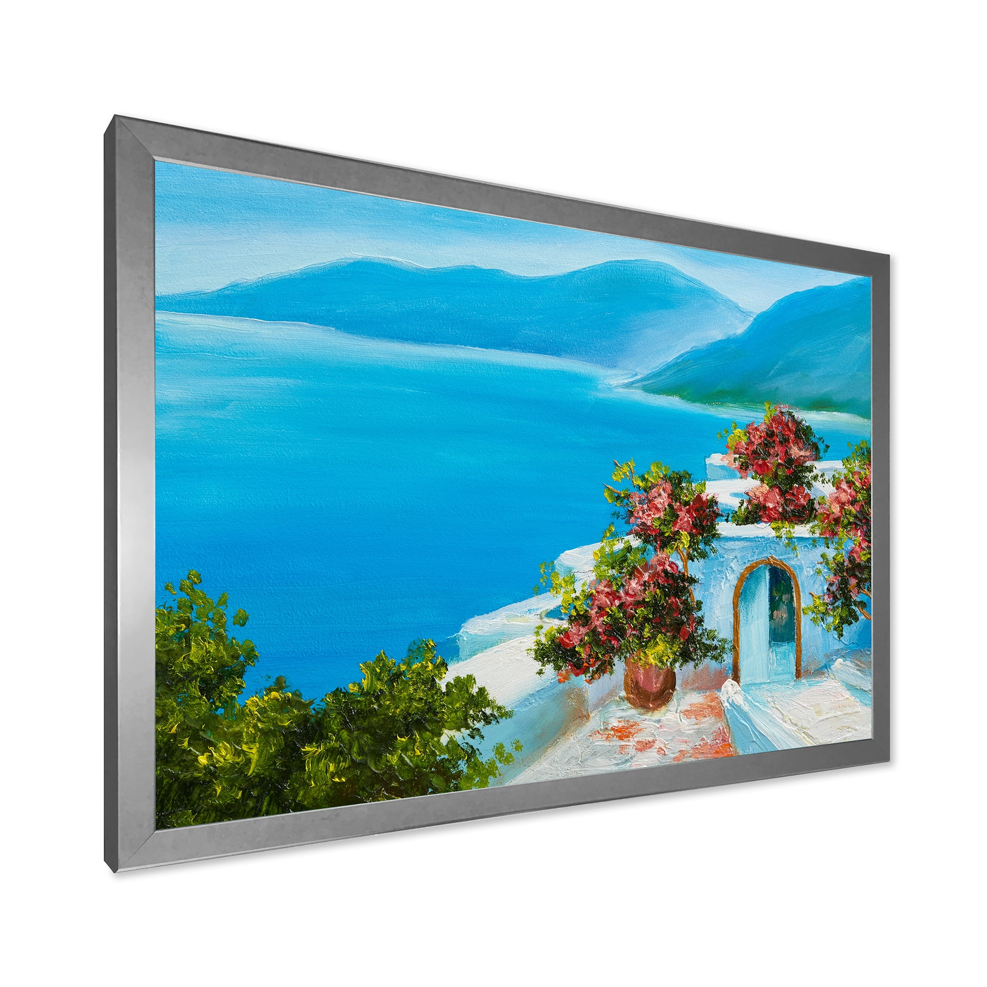 Designart 'House With Colorful Flowers Near The Sea I' Nautical & Coastal Framed Art Print