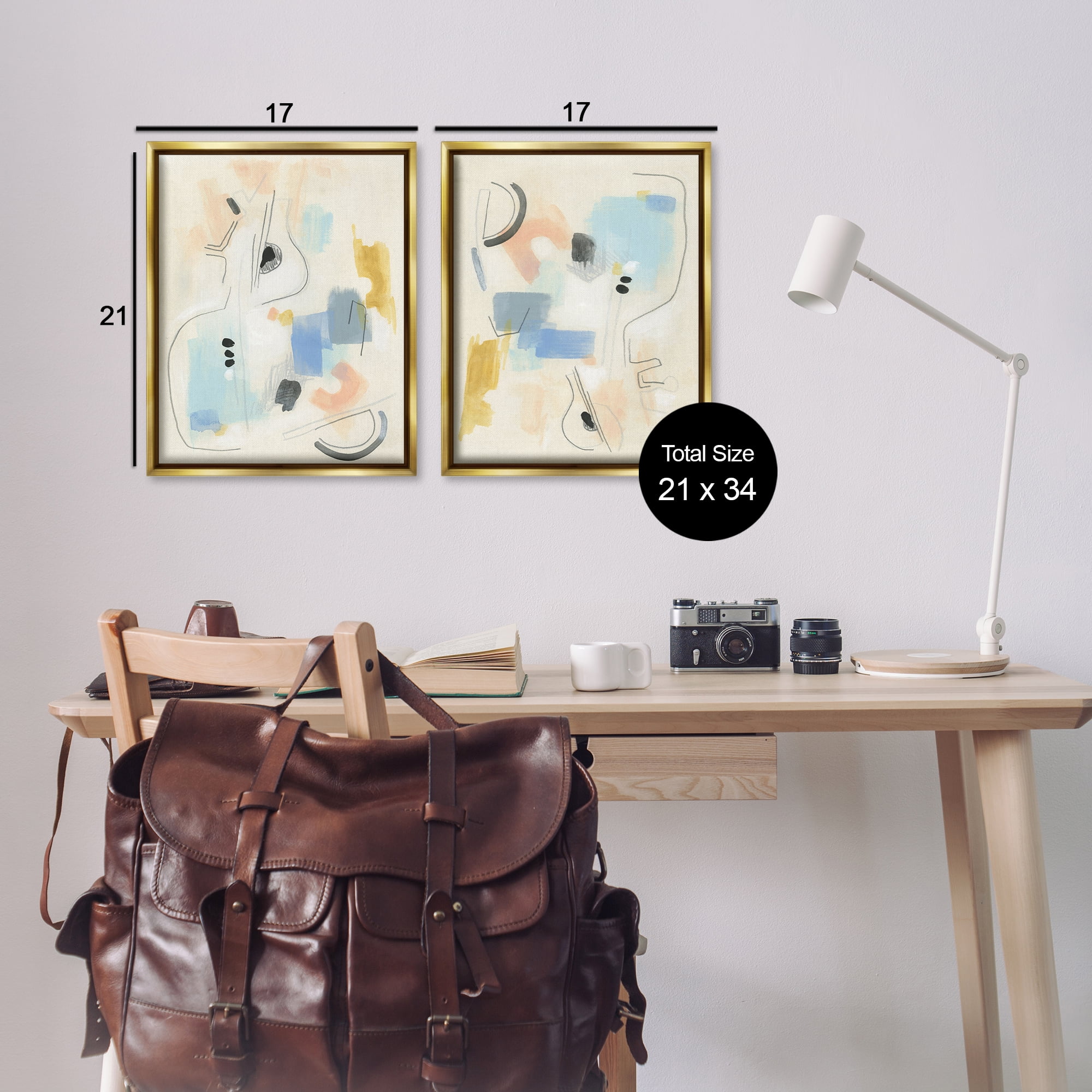 Stupell Industries Pastel Shapes Lines Patches Abstract Painting Gold Floater Framed Canvas Art Print Wall Art, 17 x 21, Set of 2