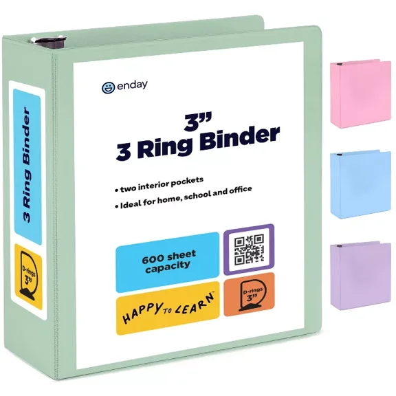 Enday 3 Ring Binder, Round Ring Pastel With Clear View Cover for Letter Size 8.5 x 11'' Paper & 2 Inside Pockets 3-Inch Green