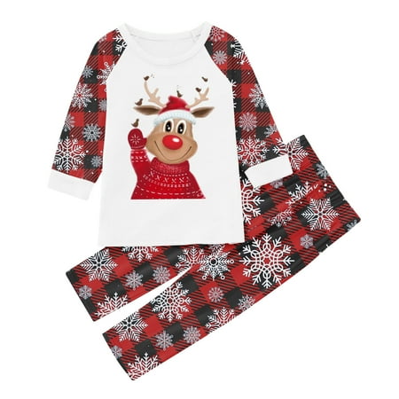 

REORIAFEE Christmas Pajamas Cute Deer Print PJS Set Matching Christmas Pjs for Family Christmas Pjs Matching Sets Round Neck Tops+Pants Mom S