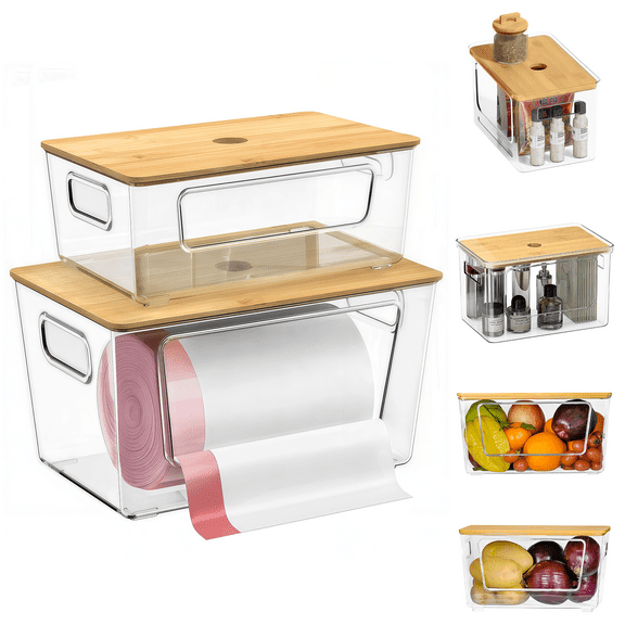 Enroslu 2 Pack Trash Bag Holder with Bamboo Lid, Large Trash Bag Holder and Garbage Bag Dispenser, Pantry Organizers for Kitchen Laundry Room