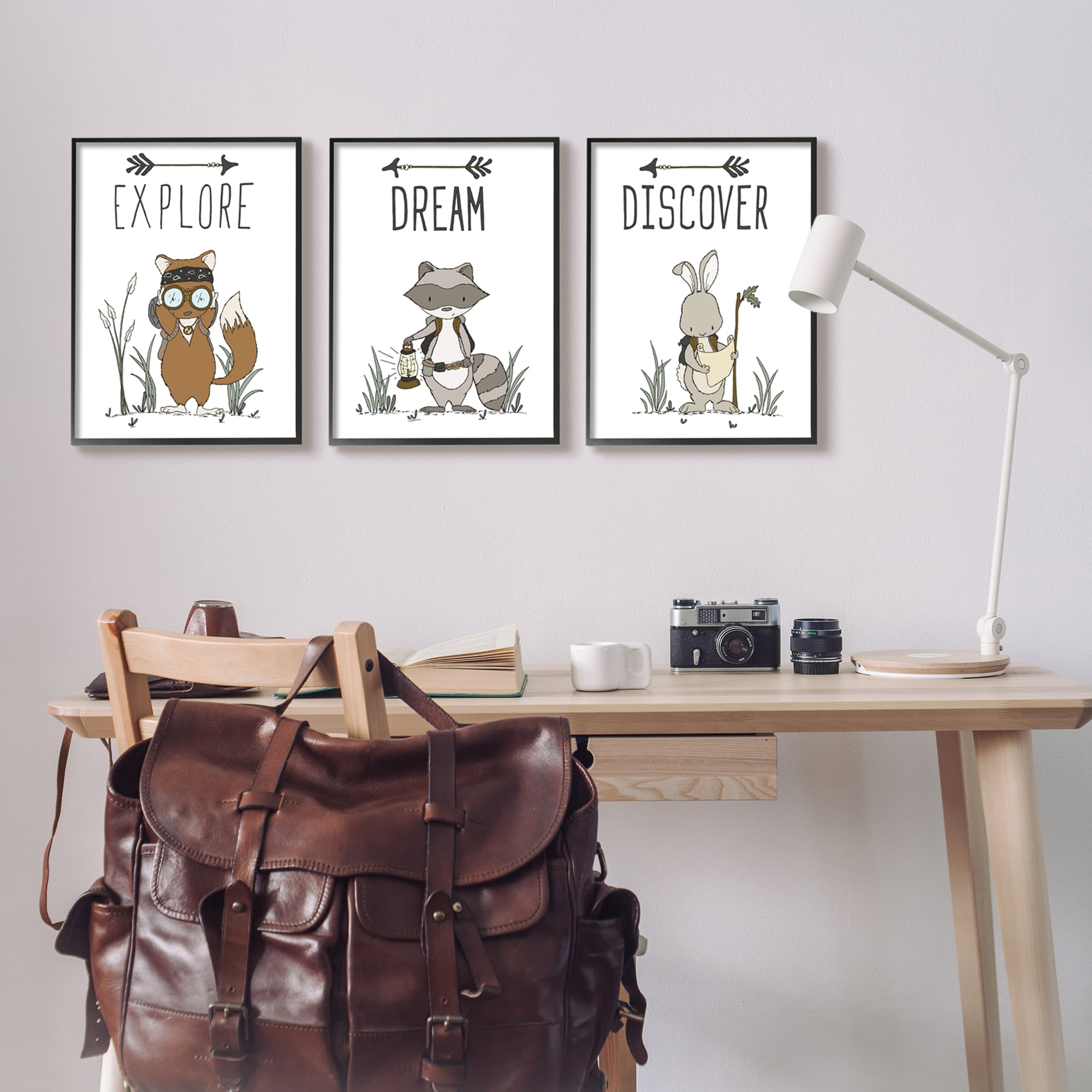 Stupell Industries Explore Dream Discover Arrows Motivational Kids Animals Graphic Art Black Framed Art Print Wall Art, Set of 3, Design by Sweet Melody Designs