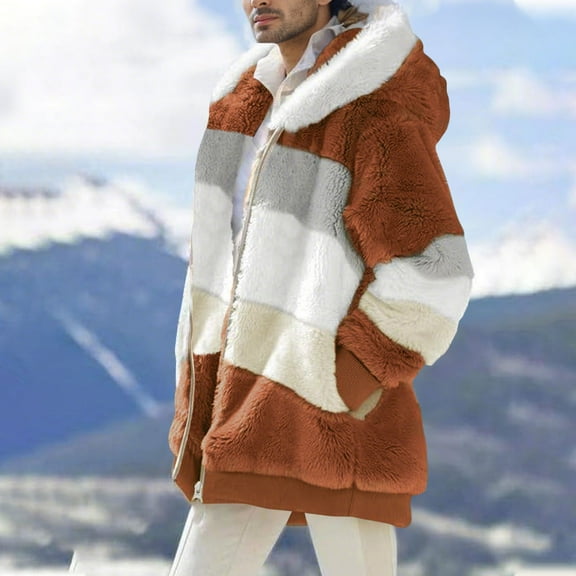 Mgmyaa Men's Colorblock Fleece Hooded Jacket Full Zip Pocket Long Sleeve Teddy Casual Winter Warm Parka Coat