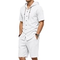 thumbnail image 4 of LEKWK Men Linen Sets Outfits 2 Piece Short Sleeve Button Down Hooded Tops and Elastic Waist Shorts Lightweight Loose Fit Summer Fashion Beach Vacation Wear, 4 of 9