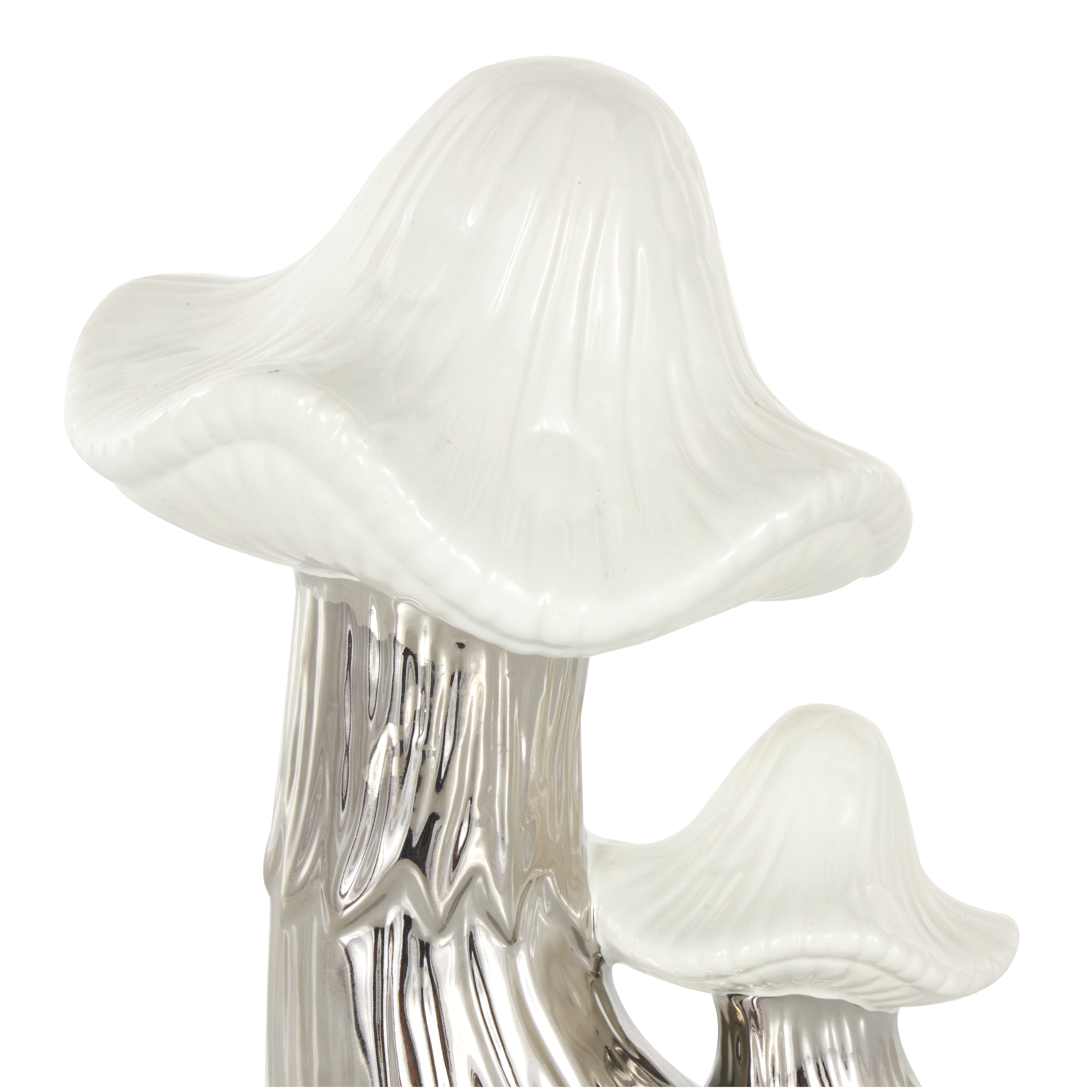 7" x 10" Silver Ceramic Mushroom Sculpture with White Tops and Textured Grooves, by DecMode