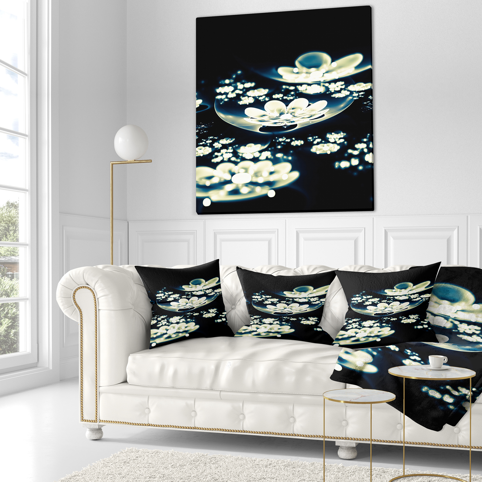 Designart Blue White Fractal Flowers in Dark - Floral Throw Pillow - 18x18