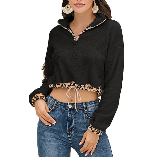 Sudadera con cordón y bloques de color para mujer, jersey con cremallera y cuello de manga larga, Tops para actividades al aire libre, negro L