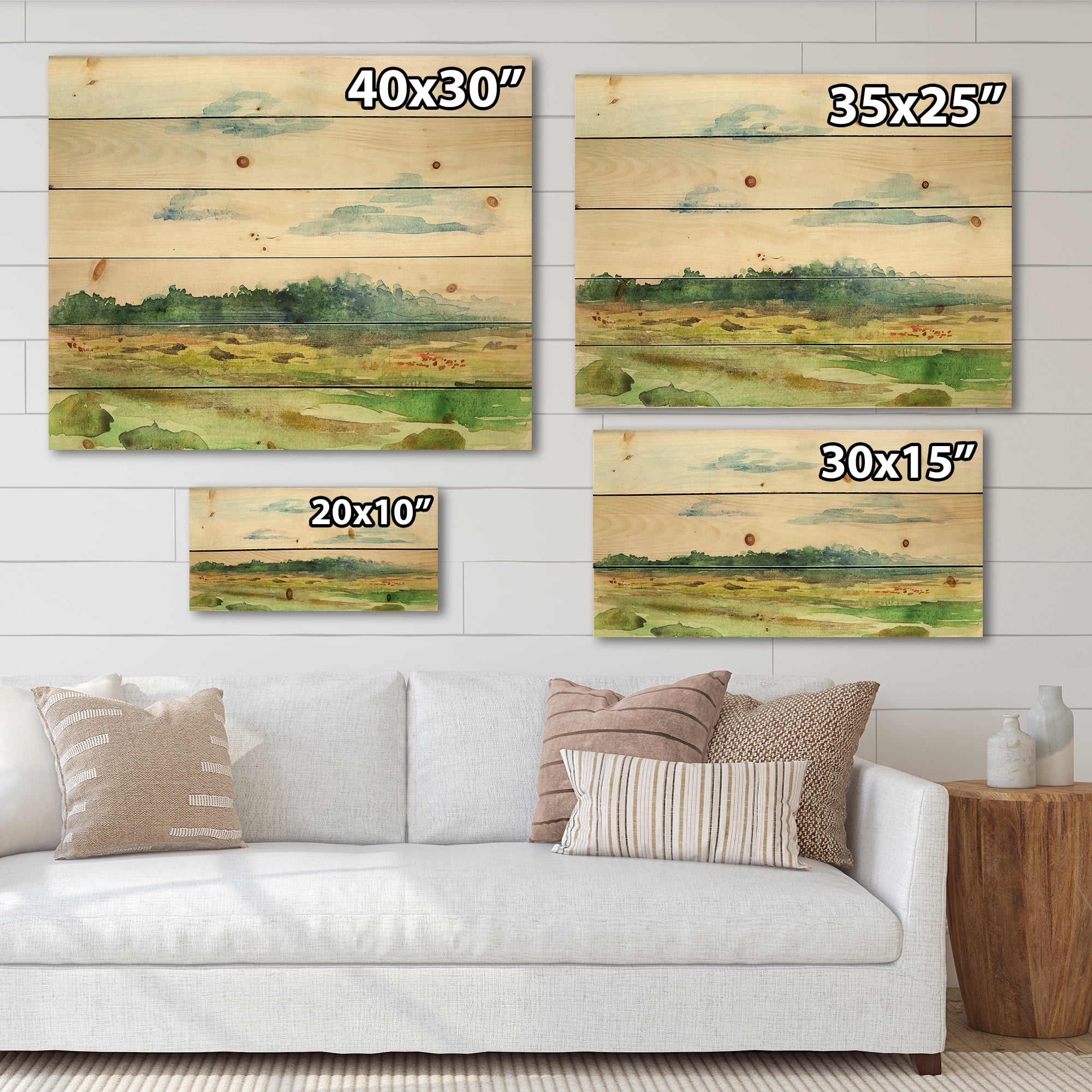 Designart 'Summer Landscape Of Green Blossoming ' Traditional Print on Natural Pine Wood