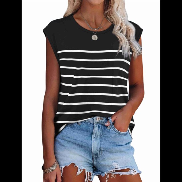 Tops de Mujer Elegantes e Informales de Verano A Rayas, Tops de Corta con Bloques de Color, Corte Holgado, y Negro S