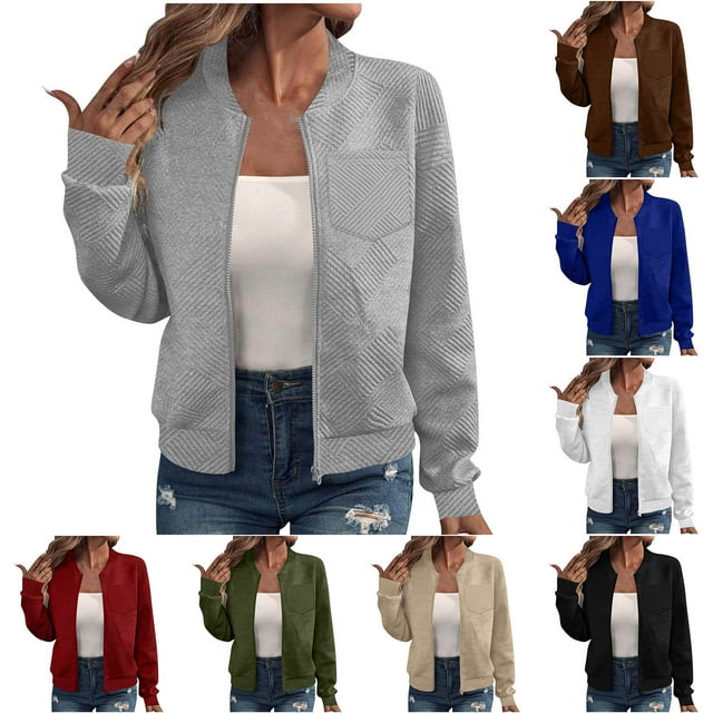 BiZtdJrK Vestes Bombardier Légères pour Femmes Texturées à Manches Longues avec Fermeture Éclair, Veste de Vol Unie Décontractée pour l'Automne avec Poche Poitrine Bleue TG