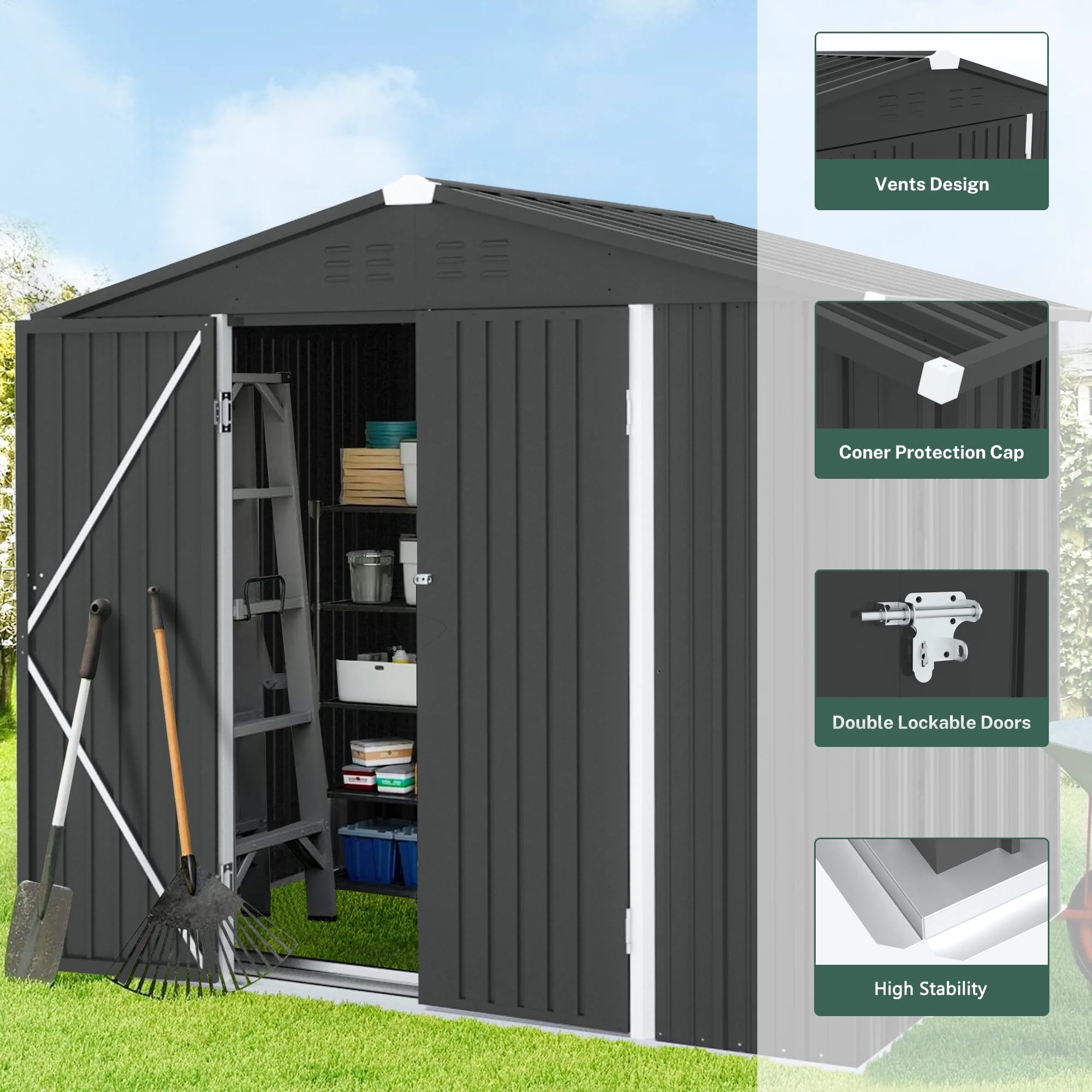 Sesslife 8' x 6' Outdoor Storage Shed, Patio Galvanized Steel Metal Shed with Lockable Doors, Garden Shed with Vents for Tools, Lawn Mover, Bike, Gray