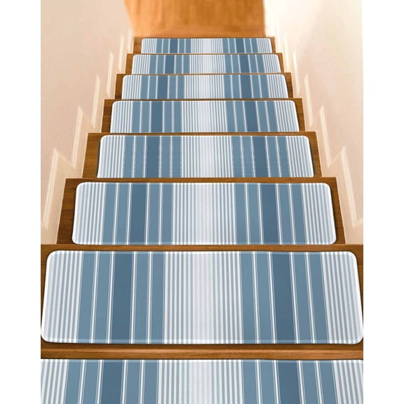 Stair Treads for Wooden Steps, Blue Ombre Stripe Peel and Stick Stair Treads with Reusable Adhesive, Farmhouse Simple Striped Non Slip Indoor Stairs Runner Rugs Mats for Elders Dogs 8"x30" 10PCS