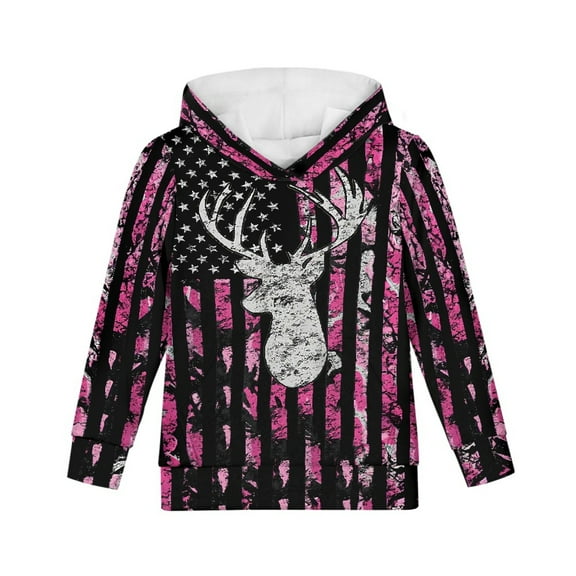 Xoenoiee Girls Hoodies Hooded Sweater with Front Kangaroo Pocket Pullover Sweatshirt Long Sleeve Hoodies for Age 6-16 Years Travel Workout Walk, Camo Forest American Flag Antler Print, M