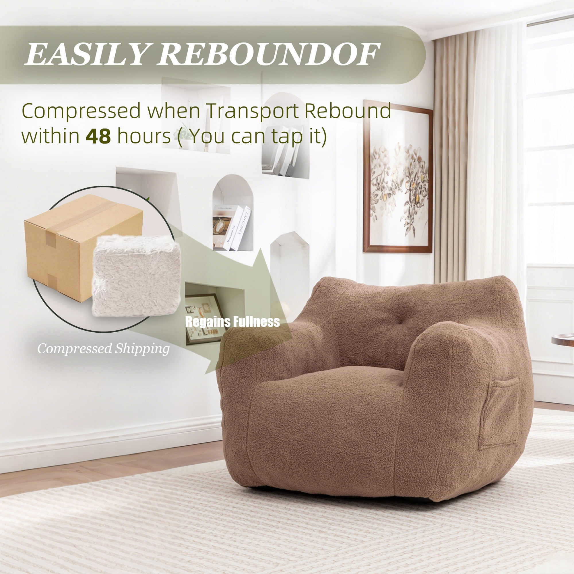 MOONMISS Bean Bag Chair, Bean Bag Sofa Chair with Armrests Stuffed High-Density Foam, Lazy Sofa Comfy Chairs BeanBag Chair for Adults in Living Room,Bedroom Reading,Coffee