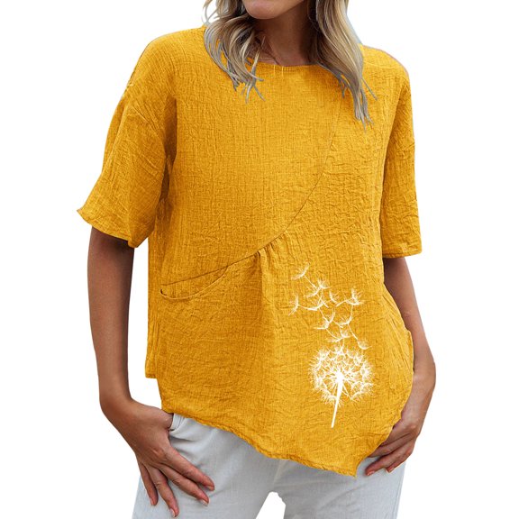 Cotton Linen Tops for Women Crew Neck Printed Summer Shirts Plus Size Irregular Hem Casual Short Sleeve Blouse Tee