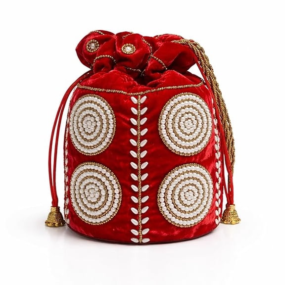 Women’s Potli Bag with Drawstring Closure, Ethnic Handcrafted Pouch for Festive, Wedding, Stylish and Compact Carry Bag-Red