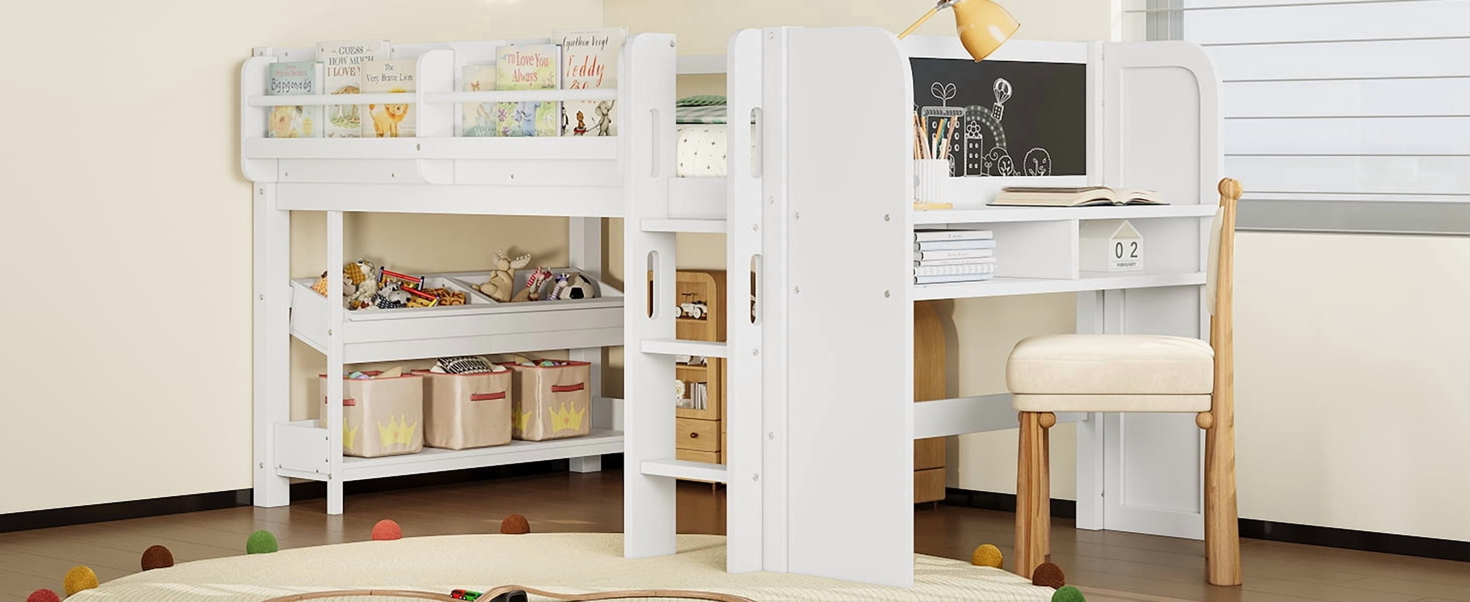 Mintazer Twin Low Loft Bed with Desk & Blackboard, Kids Loft Bed with Storage Drawers, No Spring Box Needed, White