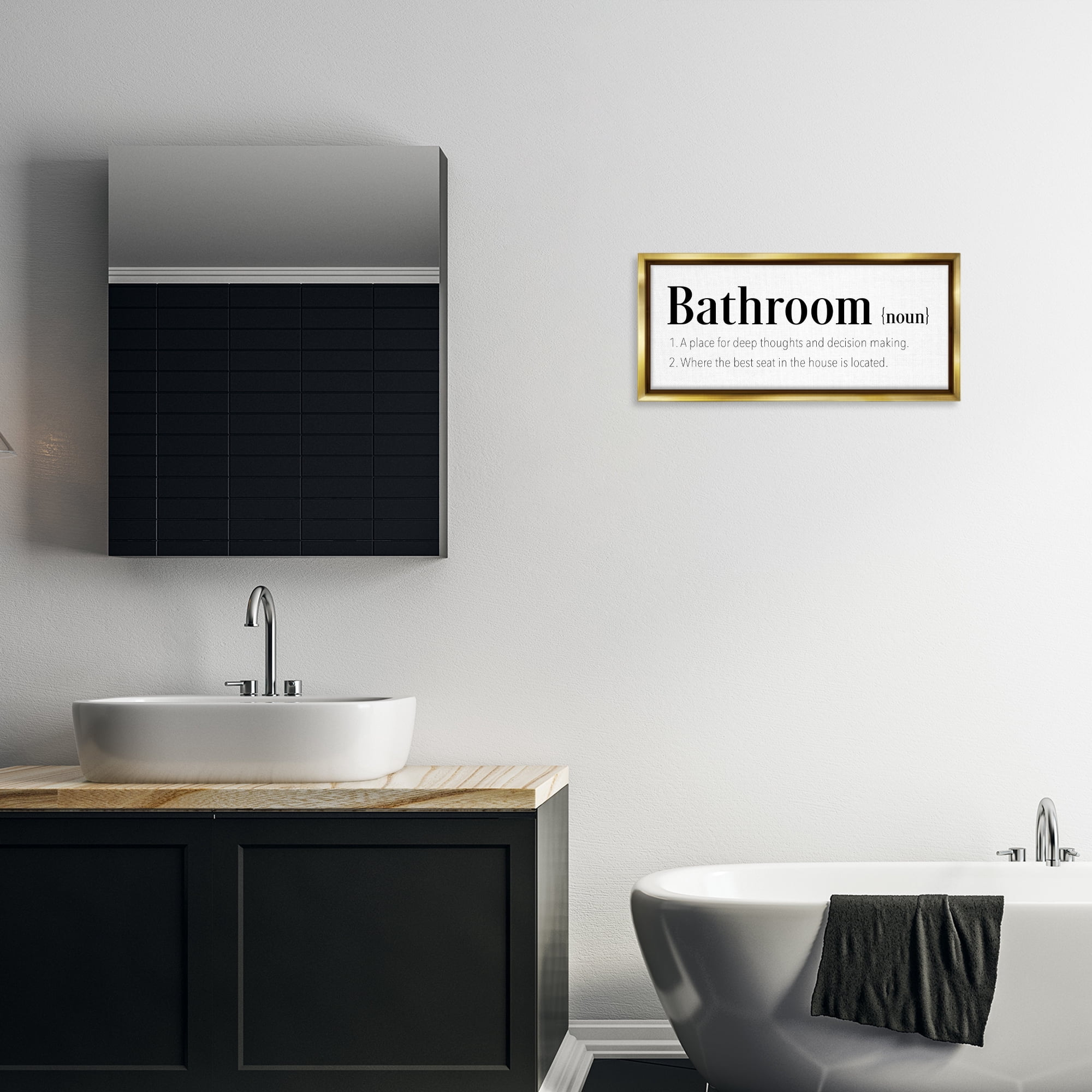 Stupell Industries Funny Bathroom Definition Bath & Laundry Painting Gold Floater Framed Canvas Art Print Wall Art, 25 x 11