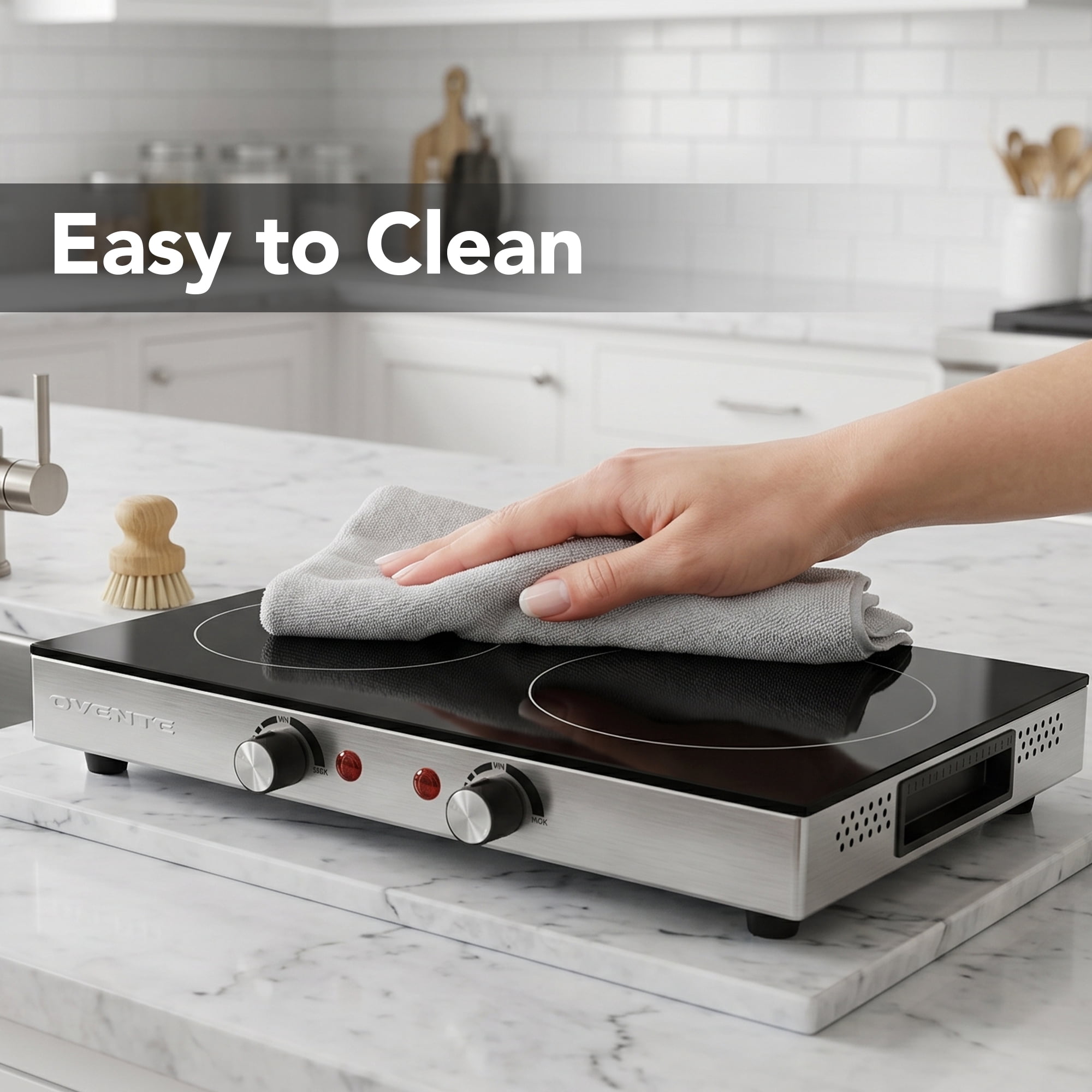 OVENTE Infrared Ceramic Double Burner, 1800W Hot Plate, Black BGI302GB, Crystalline Glass, Portable Stainless Steel Cooktop for Home, Office, or Dorm Use, Non-Slip Feet