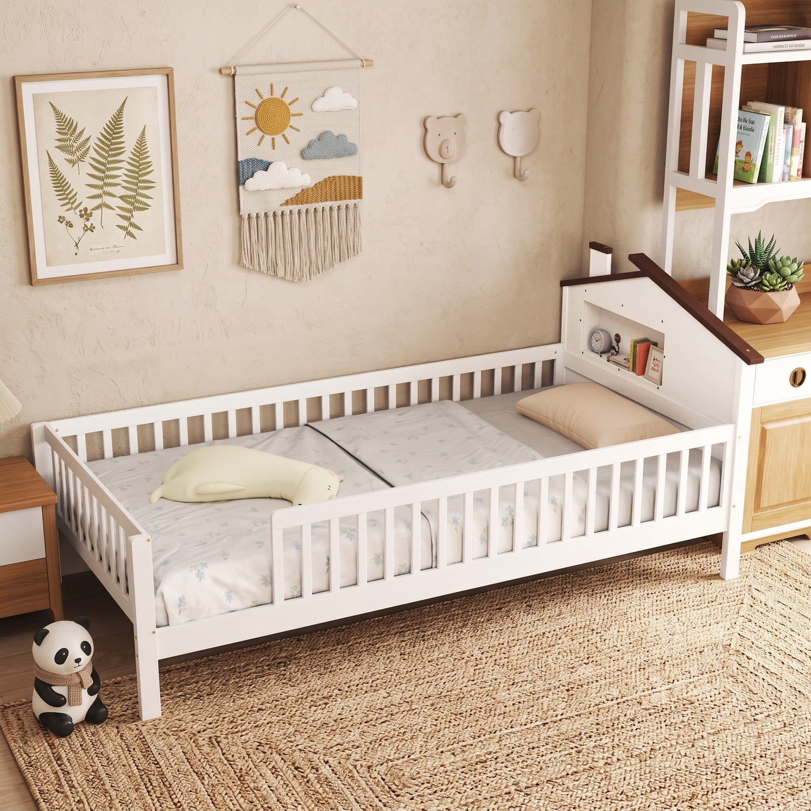 Furnibear Full Size Bed Frame Montessori Floor Bed with House Headboard and Storage Shelf and Guardrails for Kids Room, White