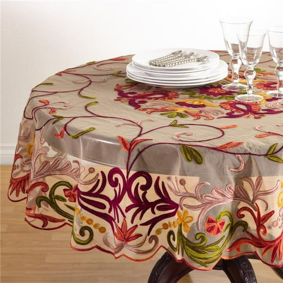 SARO 72 in. Round Alessandra Embroidered Tablecloth Multi Color
